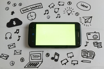 Idea Concepts mobile phone with green screen and a lot of fun stuff icon
