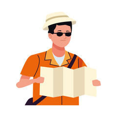 young tourist man reading map happy character