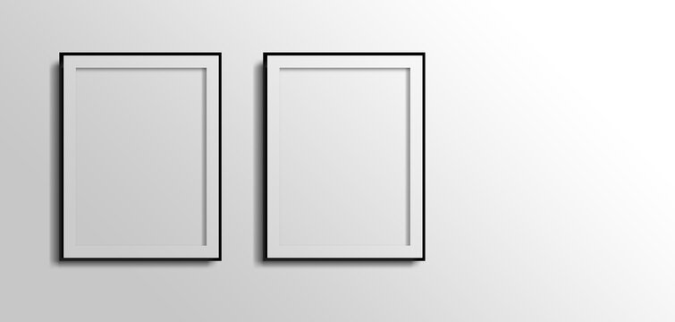 two vertical foto frames with copy space ,  3d  white blank on grey wall with black borders, 2 fotos frame poster. Front view 