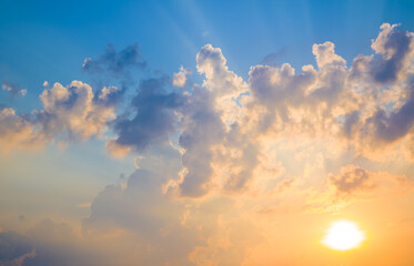 Photo of beautiful sunset, evening sky with sun rays. Detail image, no birds, no noise.