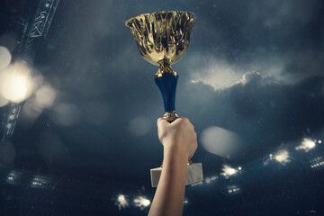 Hard work. Award of victory, male hands tightening the golden cup of winners against cloudy dark...