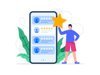 A young man rating feedback of customers. Useful reviews for customers. Choice rating review app, customer reviews. Trendy vector flat illustration.