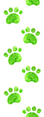 Seamless pattern with animal's cartoon footsteps , green watercolor on white background 