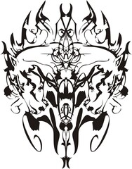 Flaming linear double mustang heads symbol. Horse heads in the form of fire for tattoos, posters, prints on t-shirts, wallpaper, etc. Black and White