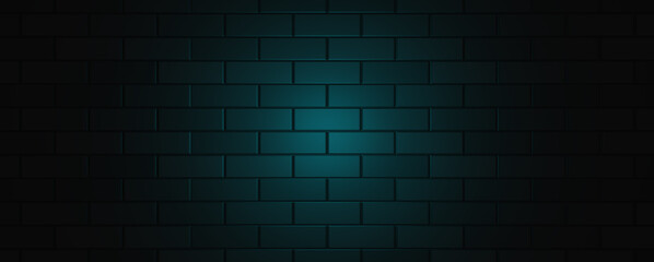 Fototapeta na wymiar Empty brick wall with blue neon light with copy space. Lighting effect blue color glow on brick wall background. Royalty high-quality free stock photo image of blank, empty background for texture