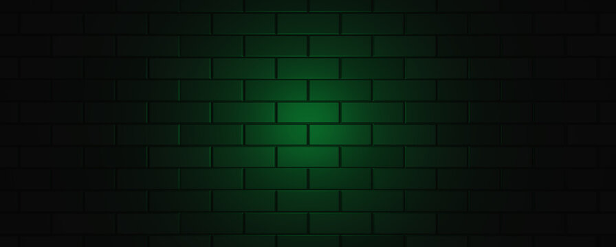 Empty brick wall with green neon light with copy space. Lighting effect green color glow on brick wall background. Royalty high-quality free stock photo image of blank, empty background for texture