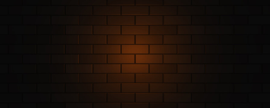 Empty brick wall with orange neon light with copy space. Lighting effect orange color glow on brick wall background. Royalty high-quality free stock photo image of blank, empty background for texture