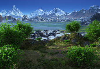 Naklejka na ściany i meble 3D Rendered Fantasy Mountain Landscape - 3D Illustration