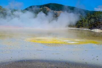 
Waiotapu, also spelt Wai-O-Tapu is an active geothermal area at the southern end of the Okataina Volcanic Centre. It is 27 kilometres south of Rotorua. It's in the north of the New Zealand. 