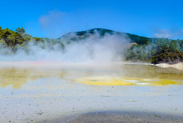 
Waiotapu, also spelt Wai-O-Tapu is an active geothermal area at the southern end of the Okataina Volcanic Centre. It is 27 kilometres south of Rotorua. It's in the north of the New Zealand. 