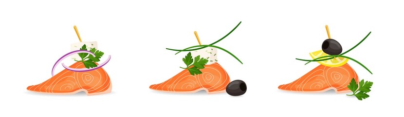Colorful vector illustration of tasty salmon canapes with parsley, leek, onion, olive, cheese and lemon isolated on white. Famous food festivals. Rakfisk festival as traditional Norwegian event.