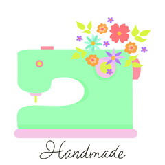 Ready-made flower logo with a sewing machine. Handmade. Vector illustration.