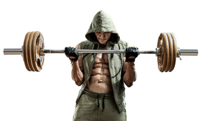 man bodybuilder, execute exercise with weight