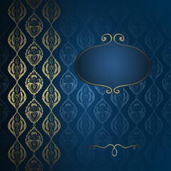 Ornamental greeting background with frame for text. Luxury card or invitation in blue and gold colors