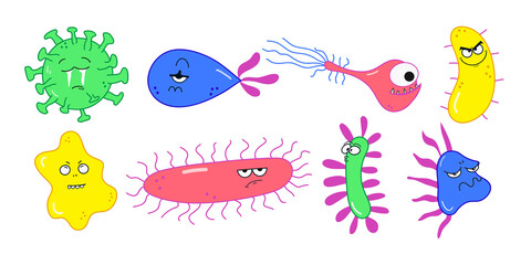 Cartoon cute microbes vector illustration. Set of bacteria and virus funny characters