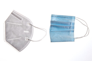 KN-95 protection medical masks isolated on white background. Prevention of the spread of virus and epidemic, protective mouth filter mask. Diseases, flu, air pollution, corona virus concept