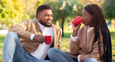 Romantic black couple drinking tea outdoors, enjoying picnic in autumn park