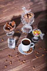 Turkish style coffee, retro background, colorful candys