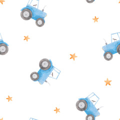 Beautiful seamless pattern with watercolor blue tractor. Stock illustration.
