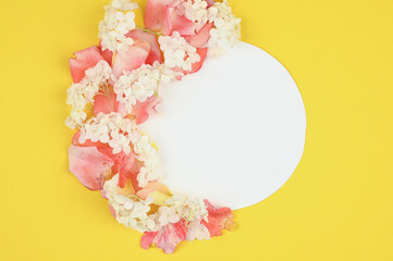 Top view of flowers arrangement on yellow background.