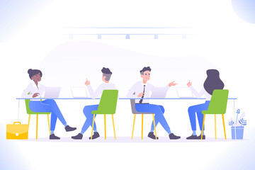Co-working concept. Young people working together at modern shared office workspace, vector illustration