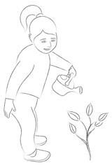 A sketch of a little girl who watering a plant from a watering can