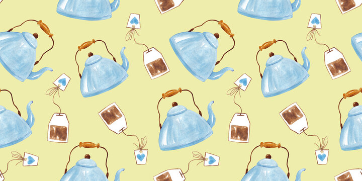 Watercolor seamless pattern with cute blue kettle and tea bag in vintage style for fabrics, paper, textile, gift wrap on pastel background. Teapot, tea, breakfast, good morning.