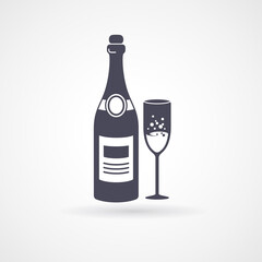 Champagne and glass flat icons. Vector illustration. Black silhouettes of bottle and wineglass with wine inside
