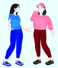 Two Girl Wearing Medical Face Mask To Protect Virus  ,Concept Card Character illustration