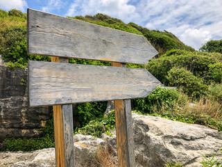 empty wooden sign board with copy space in a sunny day