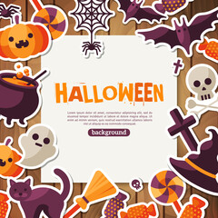 Fototapeta premium Halloween Background. Vector Illustration. Flat Halloween Icons with Square Frame. Trick or Treat Concept. Orange Pumpkin and Spider Web, Witch Hat and Cauldron. Wooden Backdrop.