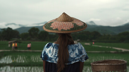 Farmer in wicker hat and straw basket infront of rice field and mountains view