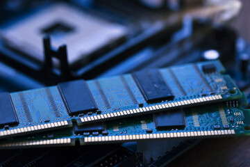 Pair of computer Memory RAM placed on mainboard or motherboard