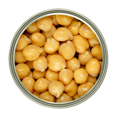 Canned chickpeas in a can from above. Large light tan chick peas, Cicer arientinum, also called hoummus. Boiled chickpeas, preserved with brine in a tin can. Close-up from above, isolated food photo.