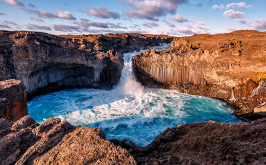 Wonderful Sunny landscape of Iceland. The breathtaking landscape of Aldeyjarfoss waterfall in North-Iceland. Icelandic summer scenery. Amazing nature in Iceland, Awesome tourist attraction