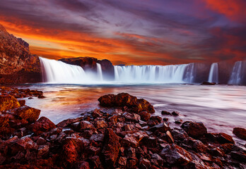 Fantastic nature landscape of Iceland during sunset. Wonderful View on Godafoss Waterfall with...