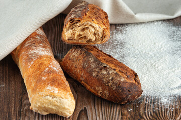 Wheat flour and buckwheat flour freshly baguettes