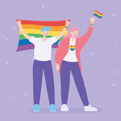 LGBTQ community, happy girl and boy with rainbow flags, gay parade sexual discrimination protest