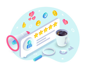 Customer service review, product rate feedback isometric concept. 3d Rating speech bubble with gold stars and user icon, loudspeaker, coffee. Trendy vector illustration for web site, app, presentation