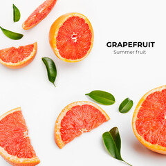Set of whole and cut fresh grapefruit and slices isolated on white background