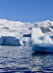 Iceberg in antarctic ocean, glacier landscape, blue sky, melting ice, Antarctica