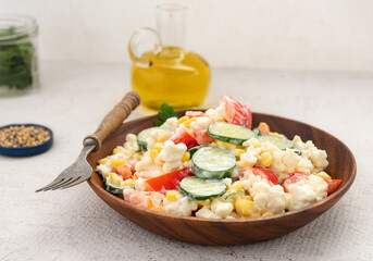 cucumber vegetable salad in wood plate food background