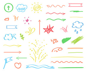 Hand drawn simple signs and symbols. Colorful illustration. Doodles for artwork