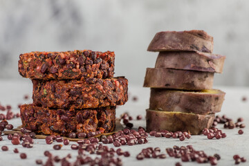 Sweet potato vegan burgers aduki light background. selective focus