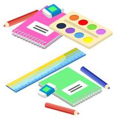 Supplies for lessons, vector illustration. Collection of school supplies or stationery. Isometric cartoon items for education of smart pupils and students. Knowledge and education. School accessories