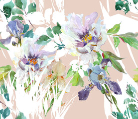 Floral Seamless Pattern Peon, Iris and Grass with White. Watercolor Flowers Background.