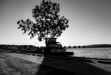 Tug Boat on Mississippi River Black and White