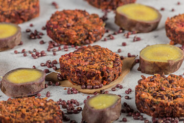 Sweet potato vegan burgers aduki light background. selective focus