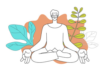 Man meditating with yoga relax lotus position at home, With various leaves. Vector flat design illustrations isolated on white background.