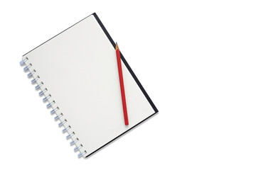 Top view above of open blank spiral notebook and red pencil isolated on white background for design a mockup. 